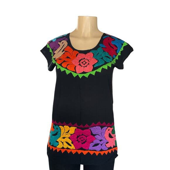 Handmade Mexican Embroidered Black Blouse Tunic Top Birds Flowers Artisan - Picture 2 of 8
